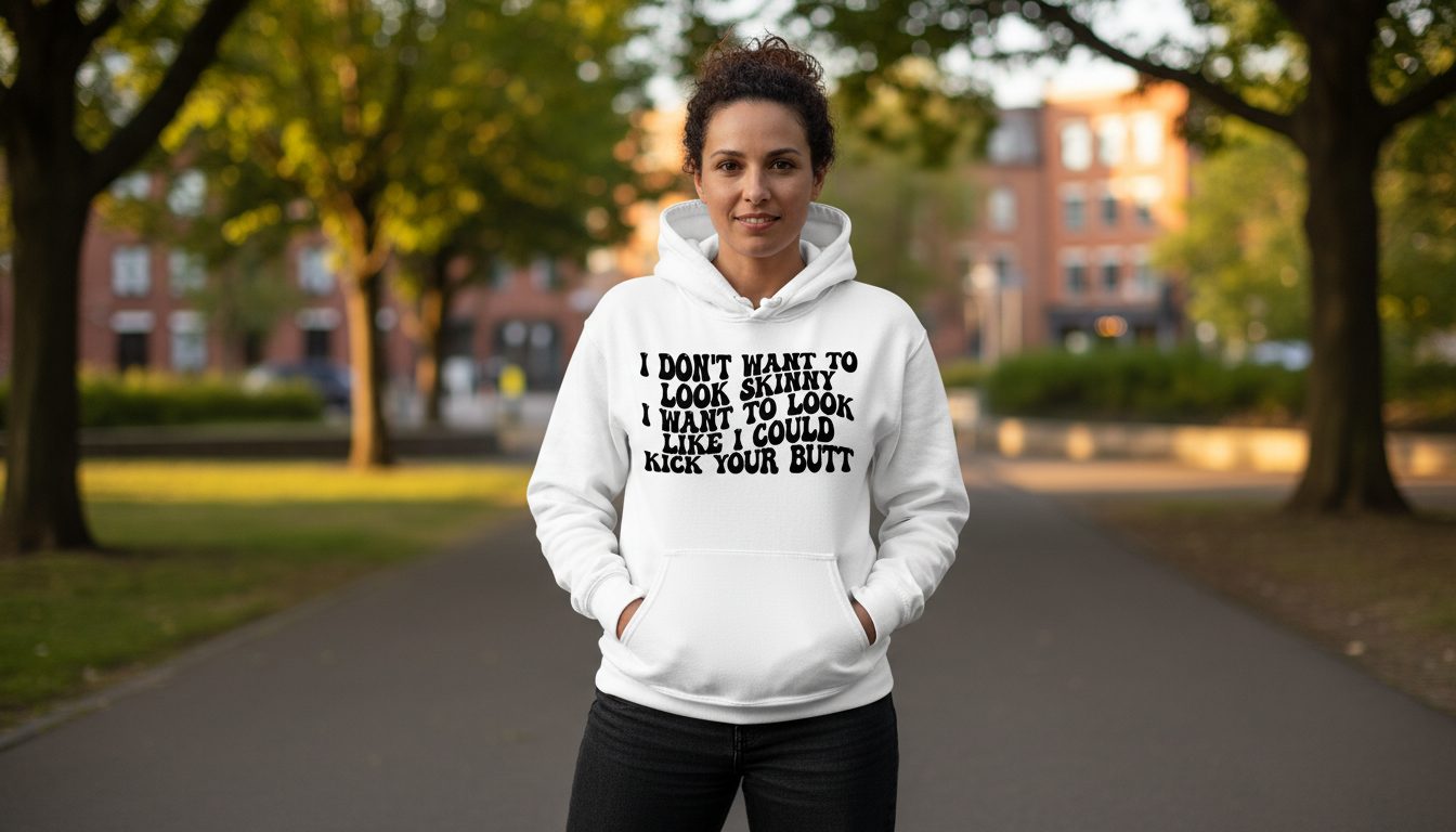 I Don't Want to Look Skinny I Want to Look Like I Could Kick Your Butt fitness motivation Hoodie White lifestyle mockup