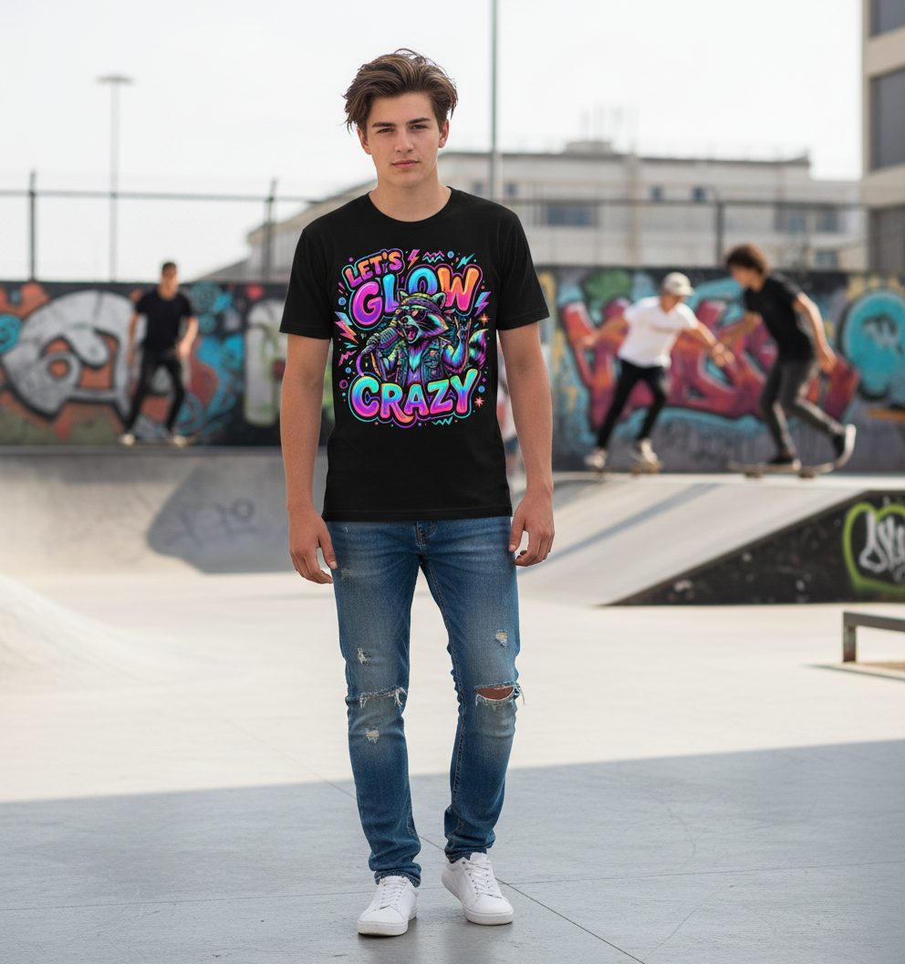 Let's Glow Crazy Funny Rockstar Raccoon Youth T-Shirt - lifestyle model mockup - Black