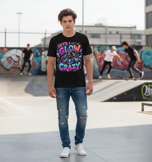 Let's Glow Crazy Funny Rockstar Raccoon Youth T-Shirt - lifestyle model mockup - Black