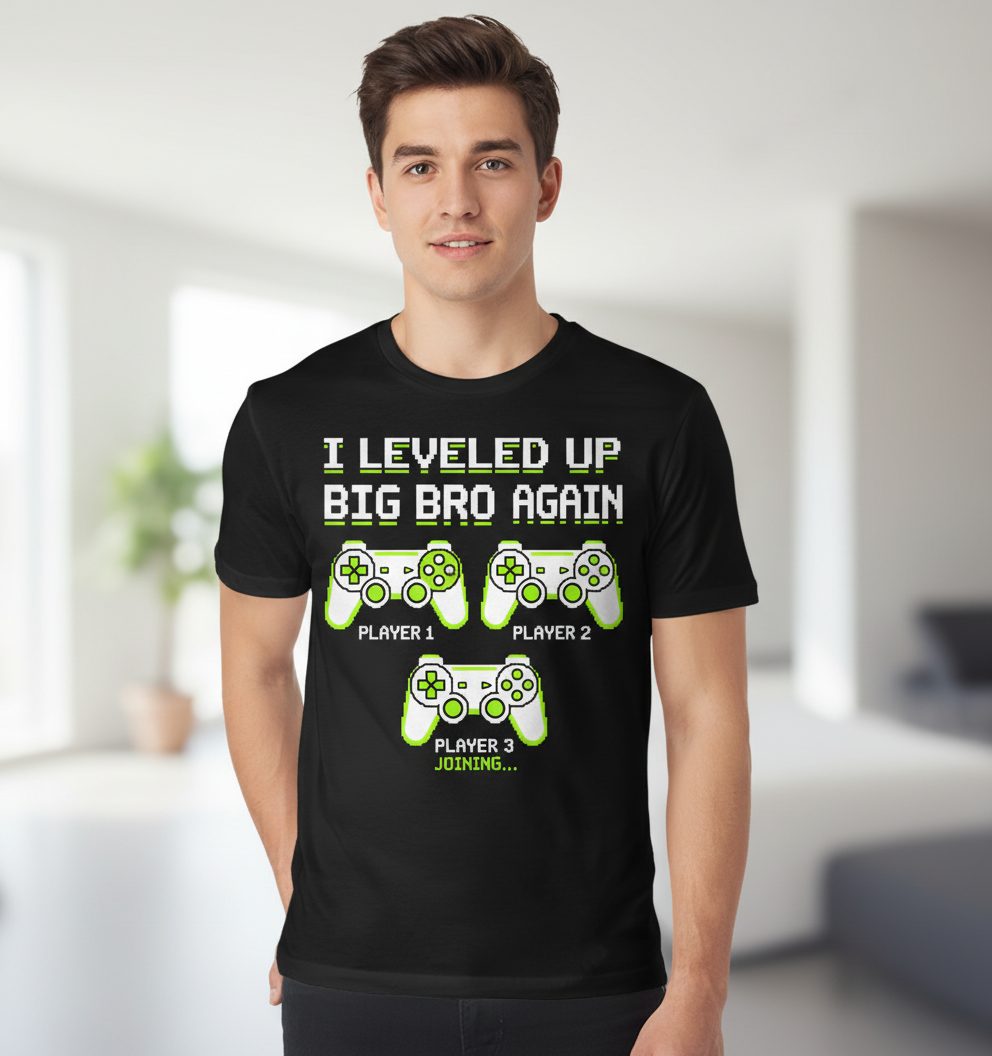 I Leveled UP BIG BRO AGAIN Retro Brother Announcement T-Shirt - product mockup - Black