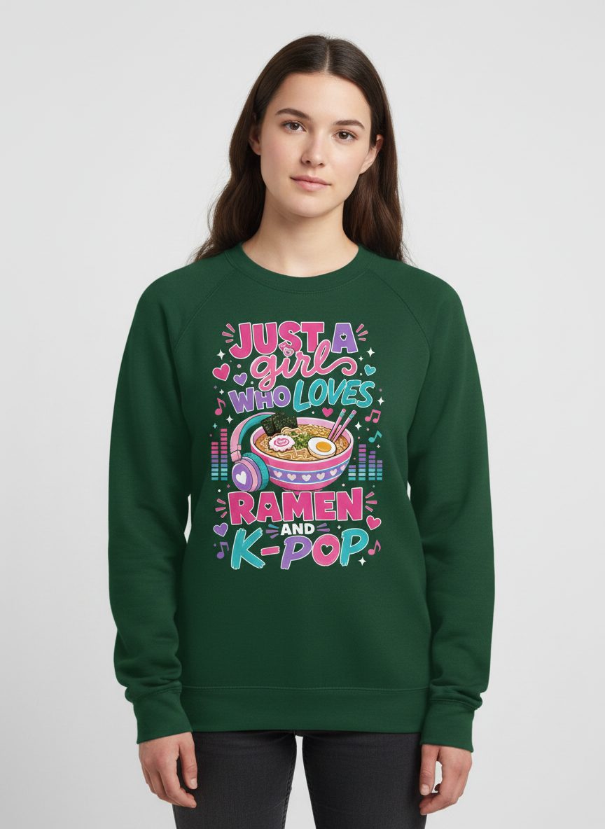 Just a Girl Who Loves Ramen and K-Pop and Ramen Sweatshirt - product mockup - Forest Green