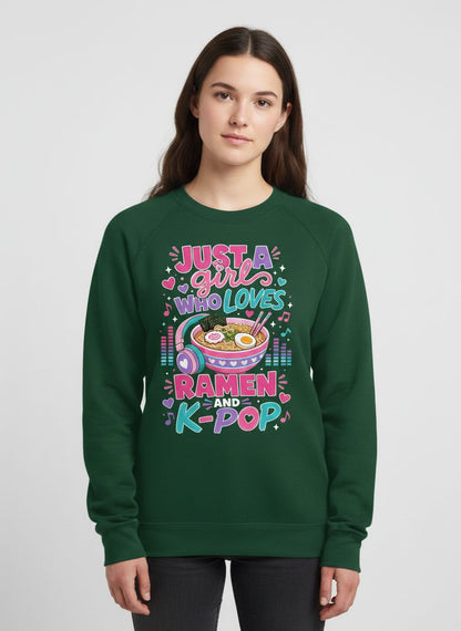 Just a Girl Who Loves Ramen and K-Pop and Ramen Sweatshirt - product mockup - Forest Green