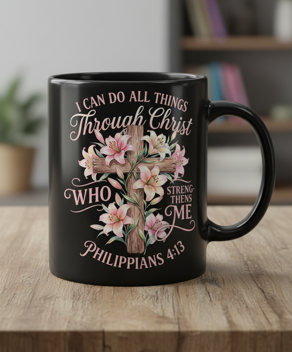Philippians 4:13 I Can Do All Things Through Christ Cross and Lilies Black Mug - Black