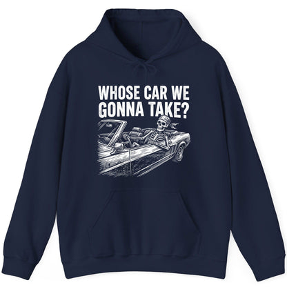 Whose Car We Gonna Take? skeletons in a car Hoodie Navy product mockup