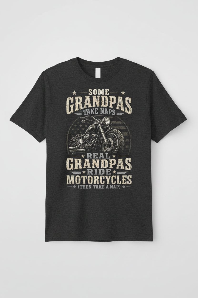 Some Grandpas Take Naps Real Grandpas Ride Motorcycles (then Take a Nap) Funny Detailed Illustration of Classic Motorcycle with Distressed Texture in the Background Is Subtle Weathered American Flag Pattern Stars and Stripes T-Shirt - product mockup - Dark Heather