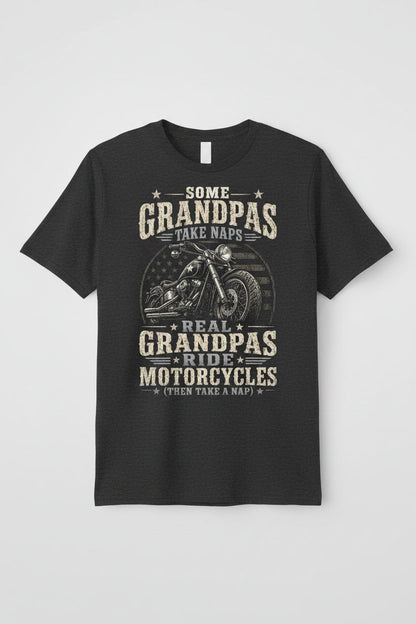 Some Grandpas Take Naps Real Grandpas Ride Motorcycles (then Take a Nap) Funny Detailed Illustration of Classic Motorcycle with Distressed Texture in the Background Is Subtle Weathered American Flag Pattern Stars and Stripes T-Shirt - product mockup - Dark Heather