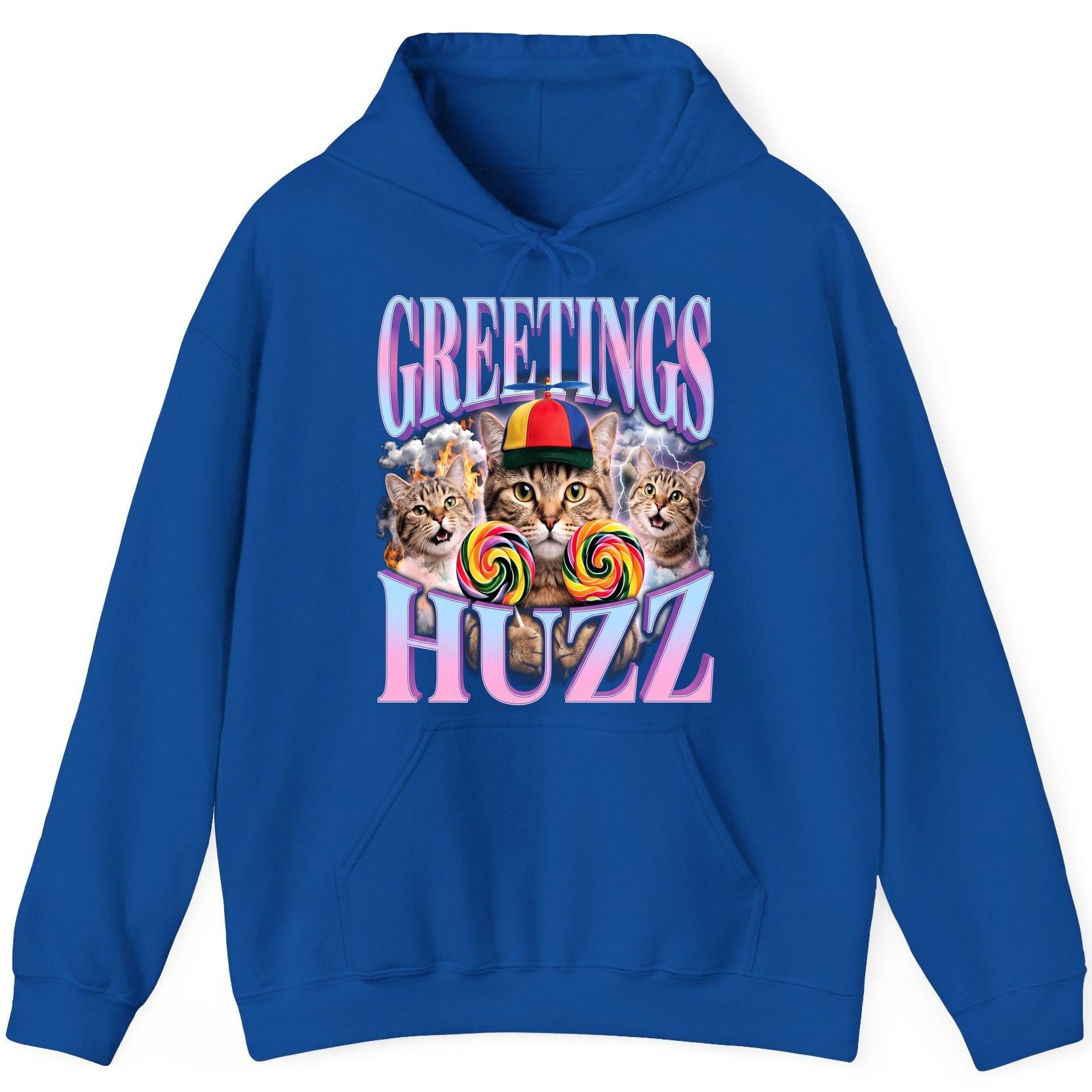 Greetings Huzz Funny Cats Hoodie - product mockup - Royal