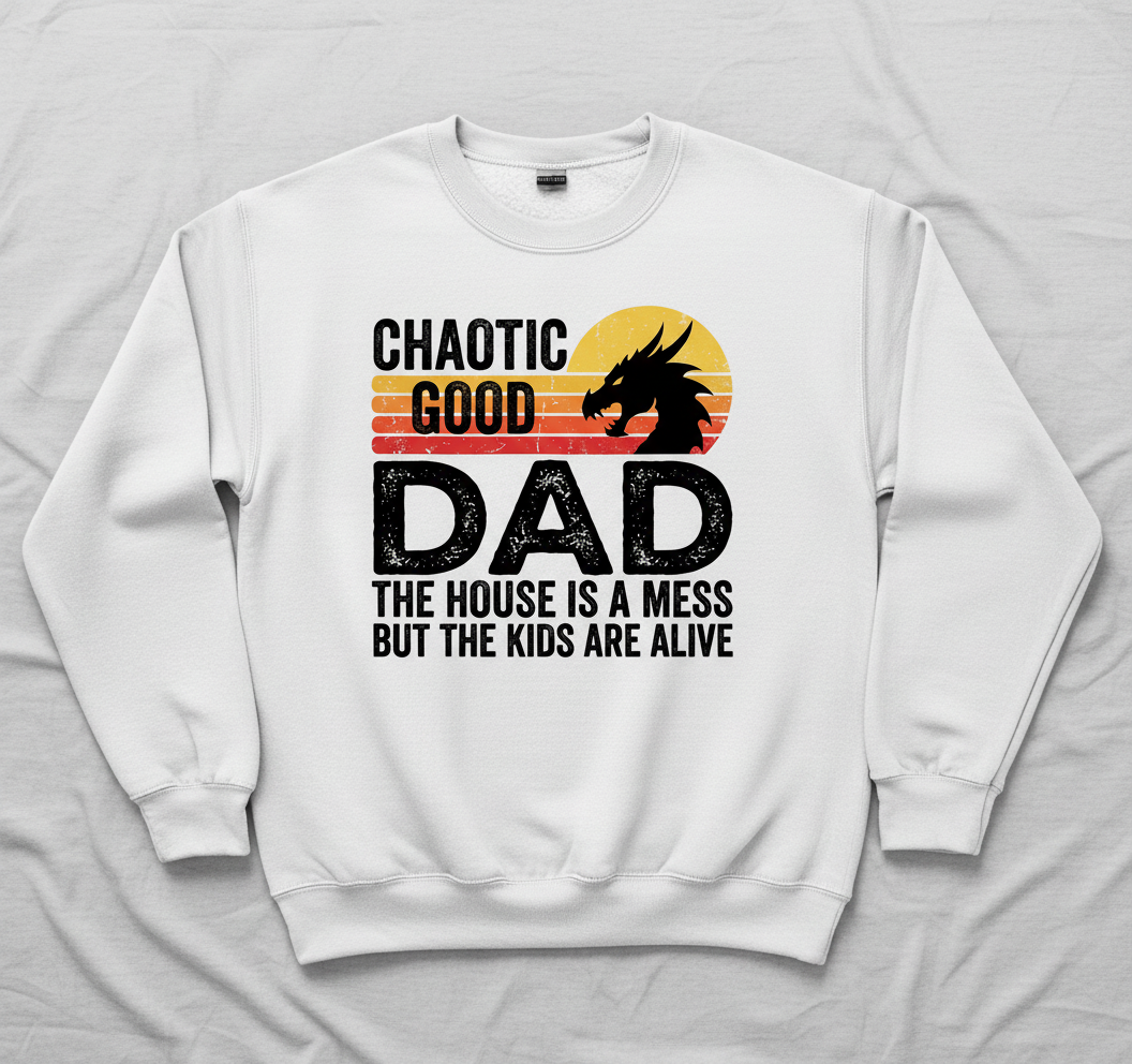 CHAOTIC GOOD DAD THE HOUSE IS A MESS BUT THE KIDS ARE ALIVE Funny Chaotic Good Dad Dragon Sweatshirt - product mockup - White