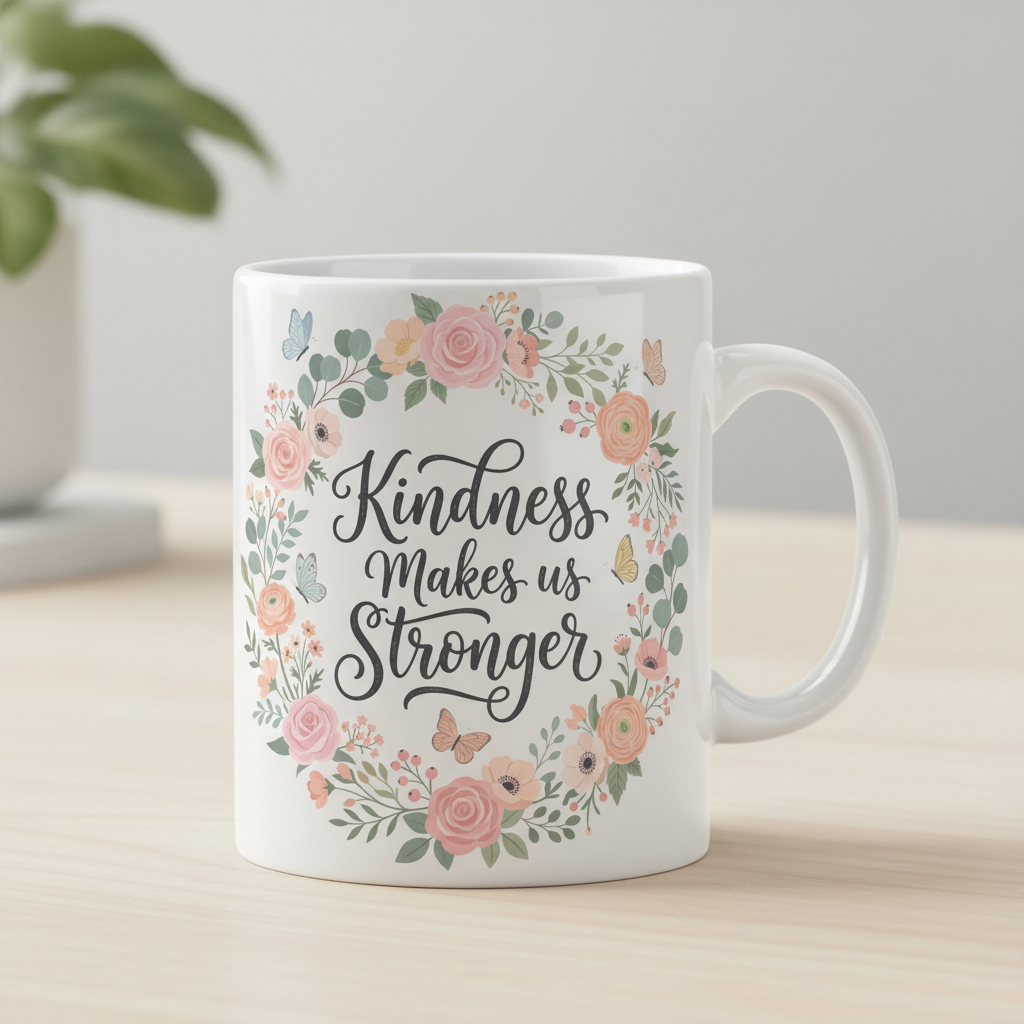 Kindness Makes Us Stronger Floral Wreath White Mug - White