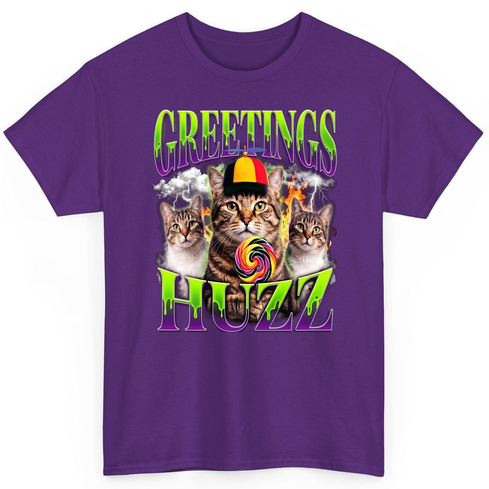 Greetings HUZZ Funny Cat T-Shirt - product mockup - Purple