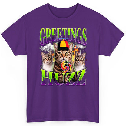 Greetings HUZZ Funny Cat T-Shirt - product mockup - Purple