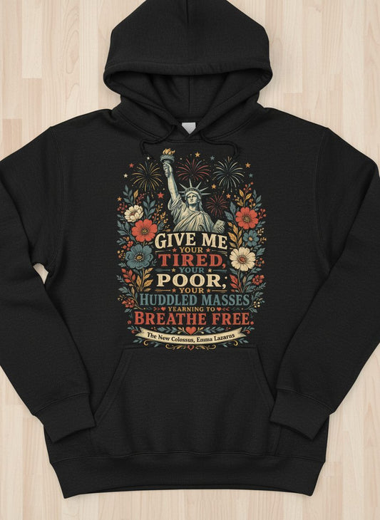 Breathe Free Patriotic Statue of Liberty Vintage Americans Hoodie - product mockup - Black