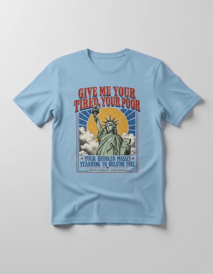 Give Me Your Tired Poor Patriotic Retro Statue of Liberty T-Shirt - product mockup - Light Blue