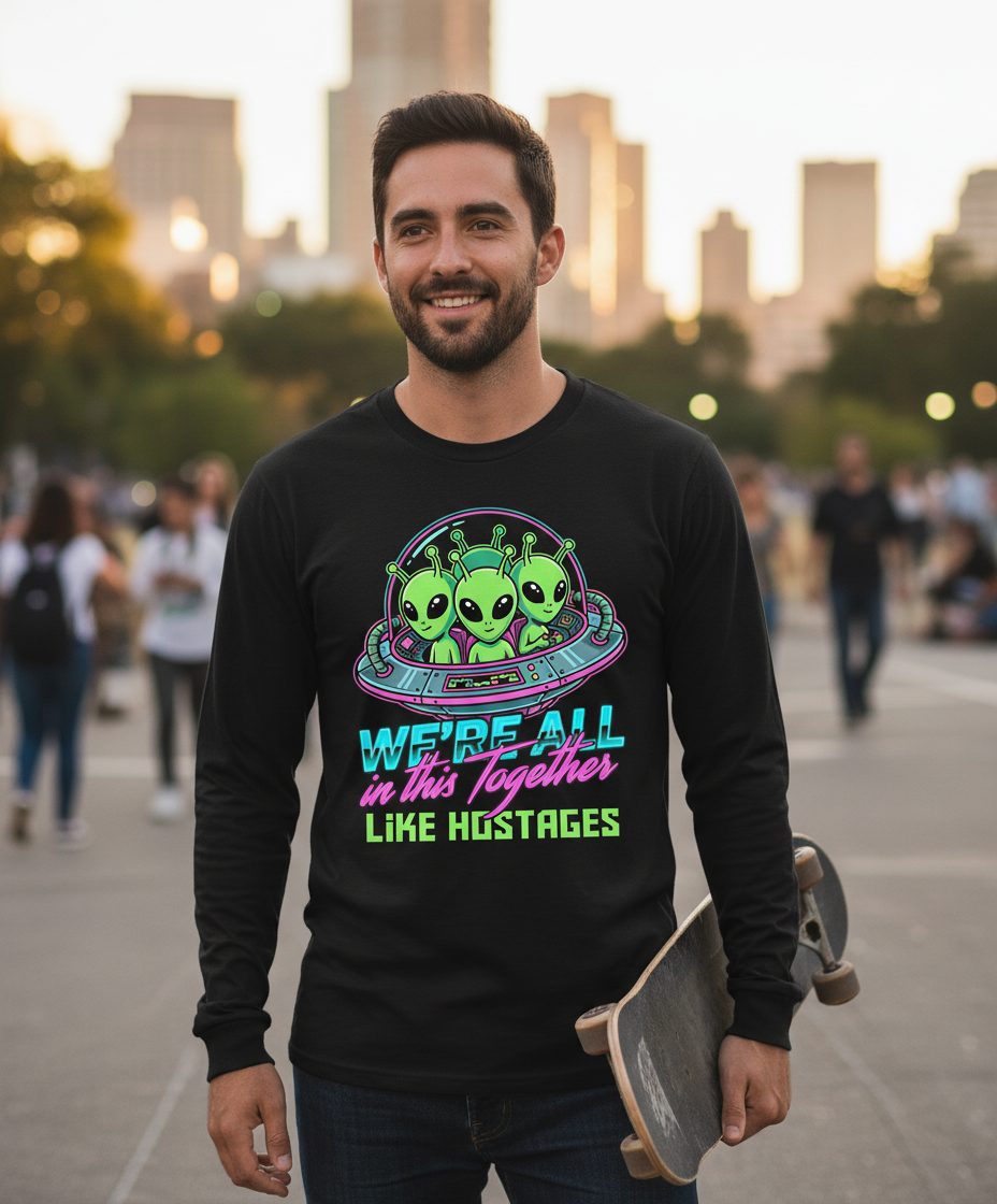 WE'RE ALL in this Together LIKE HOSTAGES Aliens Long Sleeve Tee Black lifestyle mockup