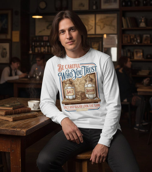 Be Careful Who You Trust Salt and Sugar Look the Same Long Sleeve Tee - lifestyle model mockup - White