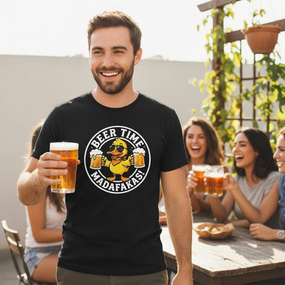 BEER TIME MADAFFAKAS! Funny Duck drinking beer Beer Time Madafakas Duck T-Shirt - lifestyle model mockup - Black