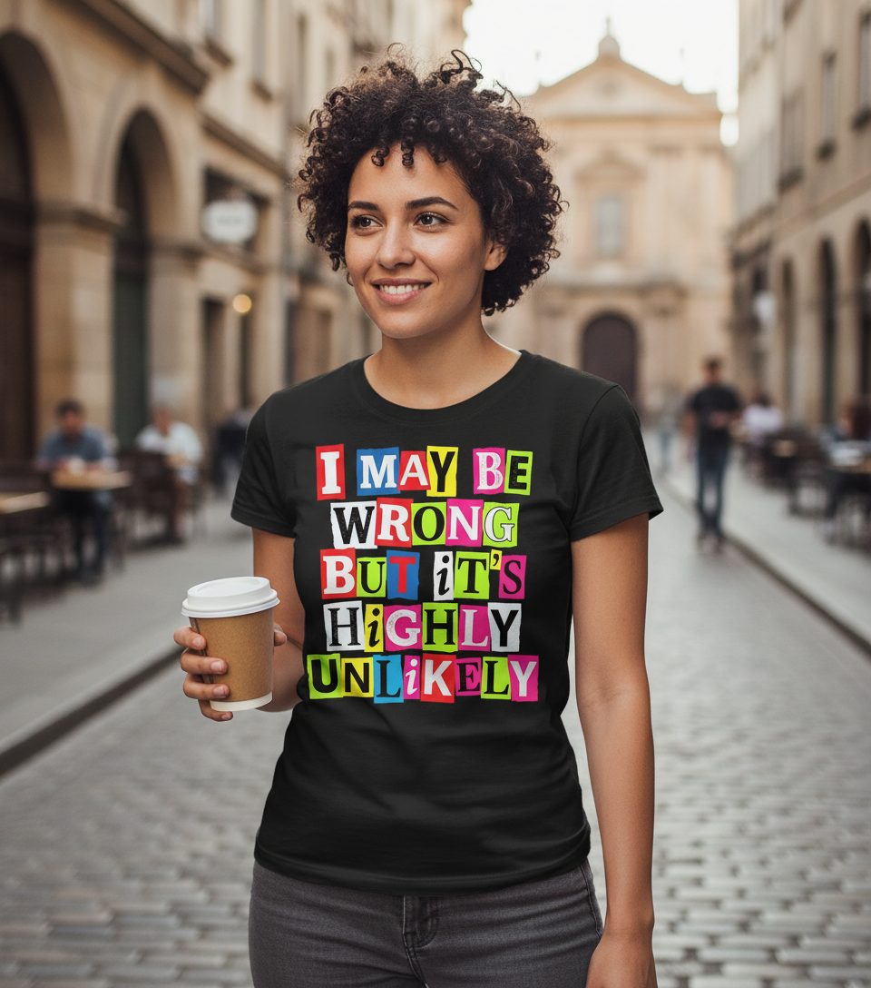 I MAY BE WRONG BUT It's HIGHLY Unlikely Funny Sarcastic Humor T-Shirt - lifestyle model mockup - Black