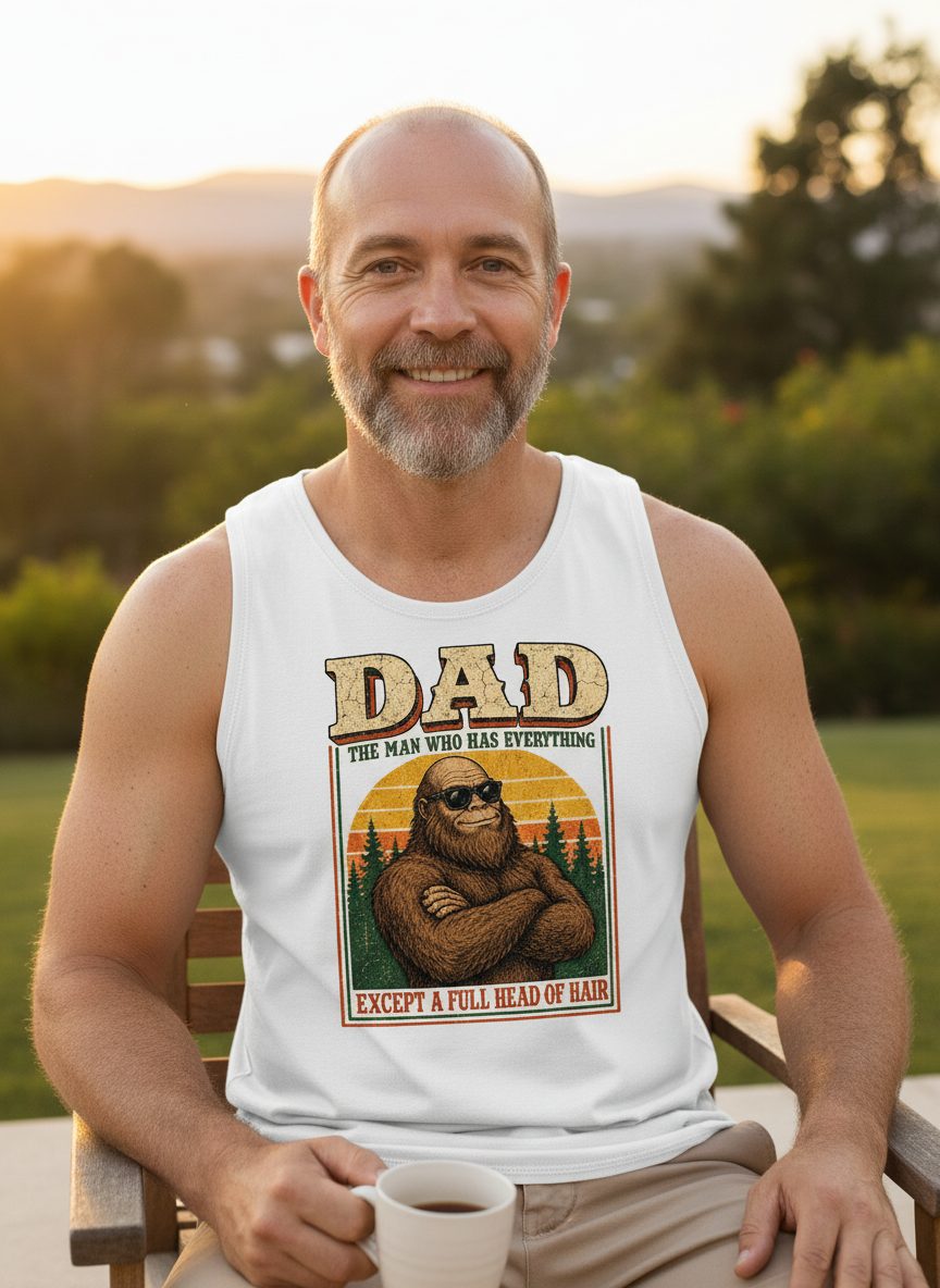 Dad the Man Who Has Everything Except a Full Head of Hair Funny Bigfoot Tank Top - lifestyle model mockup - White
