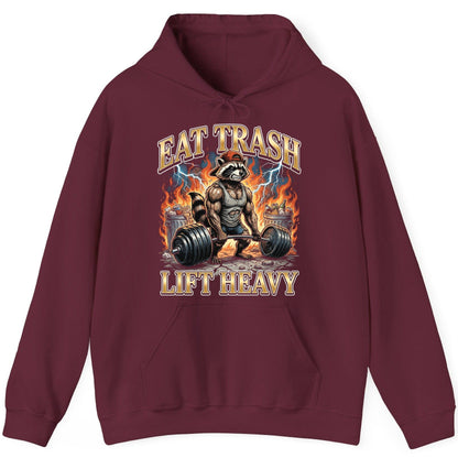 Eat Trash Lift Heavy raccoon Hoodie Maroon product mockup