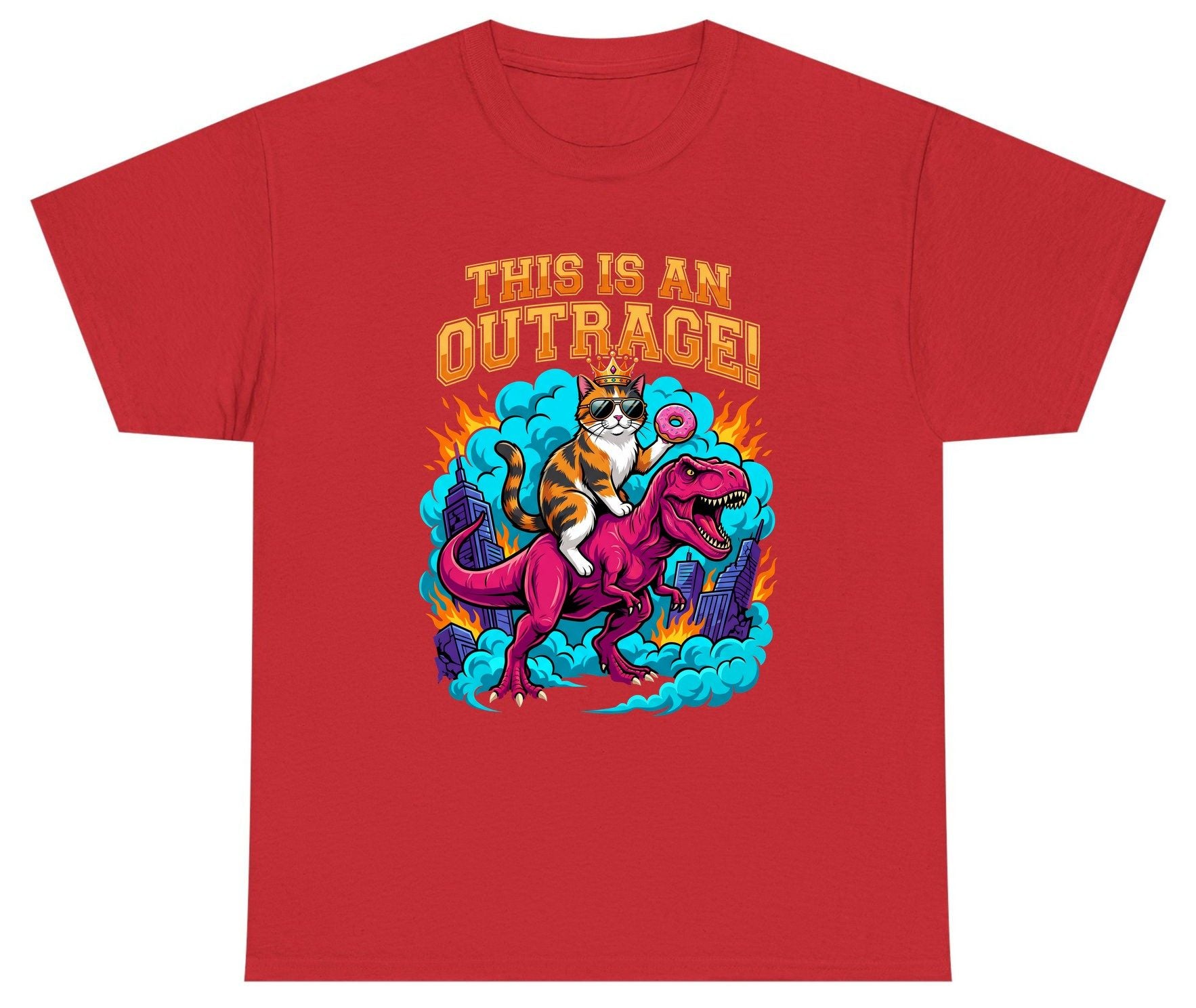THIS IS AN OUTRAGE! Cat riding a T-Rex Youth T-Shirt Red product mockup