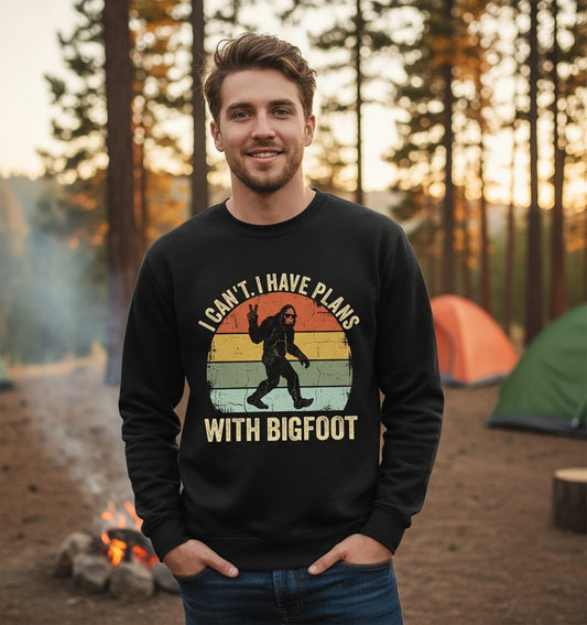 I Can't I Have Plans with Bigfoot bigfoot Sweatshirt Black lifestyle mockup