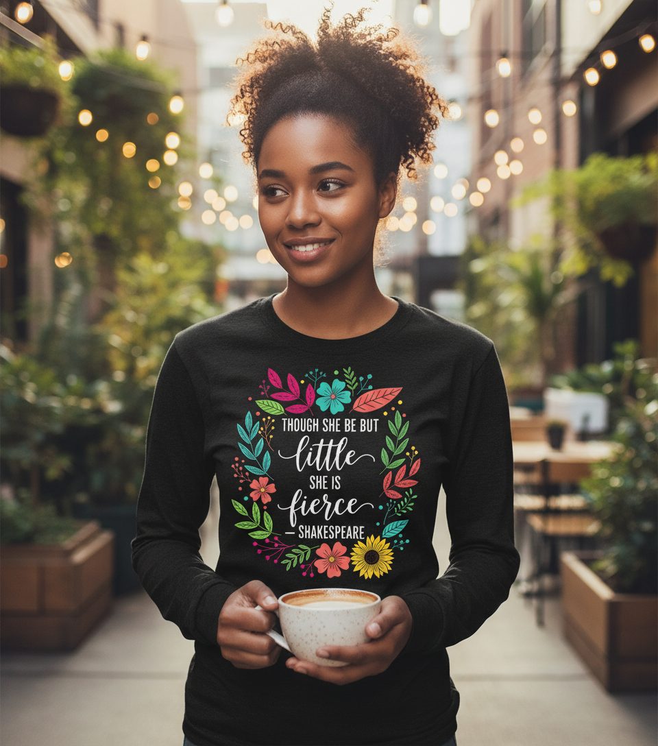 Though She Be but Little She Is Fierce - Shakespeare empowerment Long Sleeve Tee Black lifestyle mockup