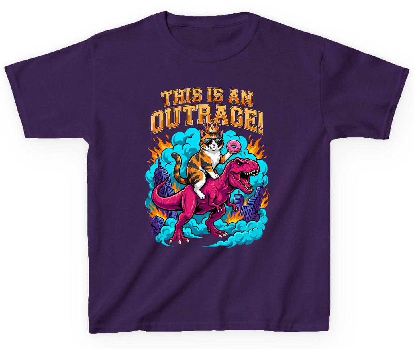 THIS IS AN OUTRAGE! Cat riding a T-Rex Youth T-Shirt Purple product mockup