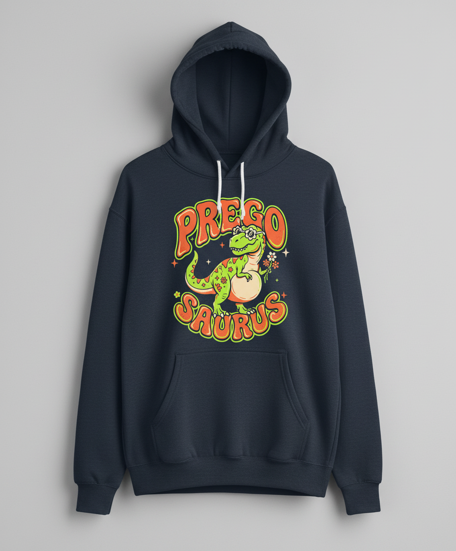 Prego Saurus Retro Pregnant Dinosaur Hoodie - Navy