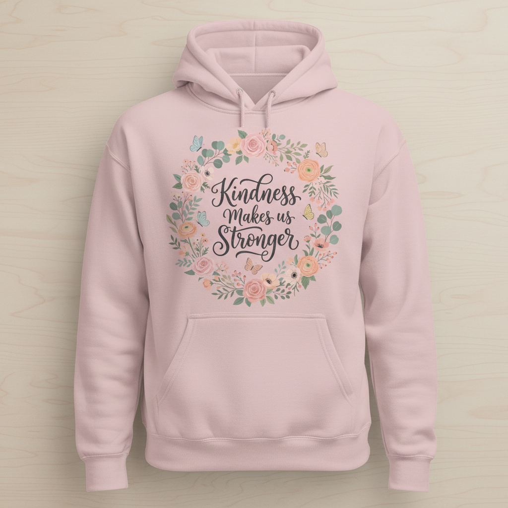 Kindness Makes Us Stronger Floral Wreath Hoodie - Light Pink