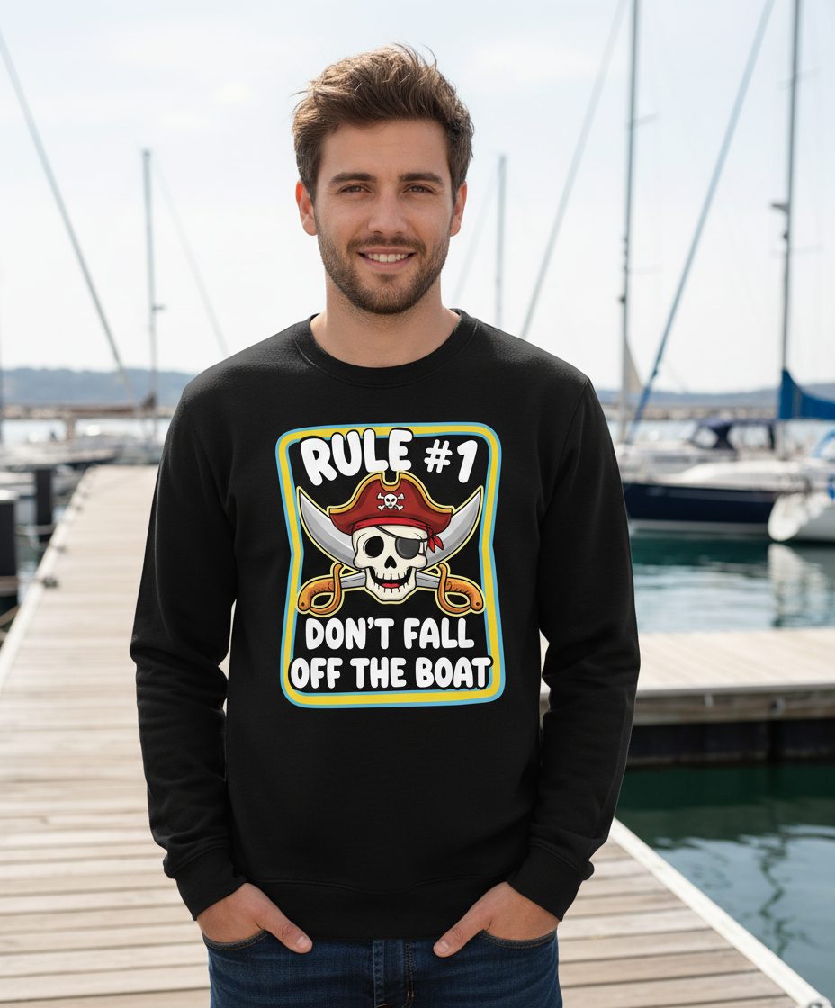 Rule 1 Don't Fall Off the Boat pirate Sweatshirt Black lifestyle mockup