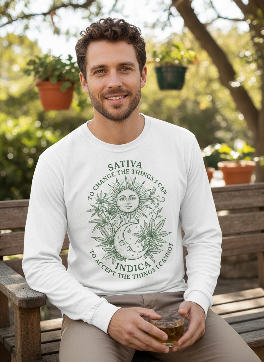 SATIVA TO CHANGE THE THINGS I CAN INDICA TO ACCEPT Long Sleeve Tee - lifestyle model mockup - White