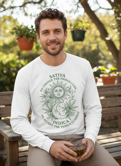 SATIVA TO CHANGE THE THINGS I CAN INDICA TO ACCEPT Long Sleeve Tee - lifestyle model mockup - White