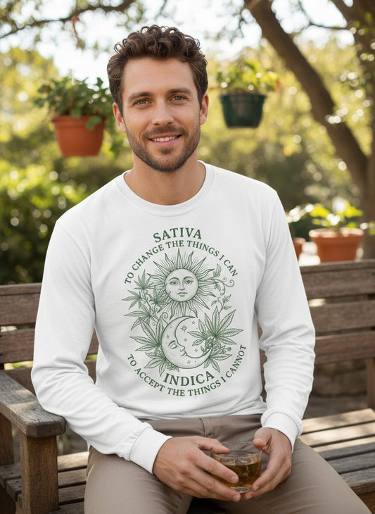 SATIVA TO CHANGE THE THINGS I CAN INDICA TO ACCEPT Long Sleeve Tee - lifestyle model mockup - White