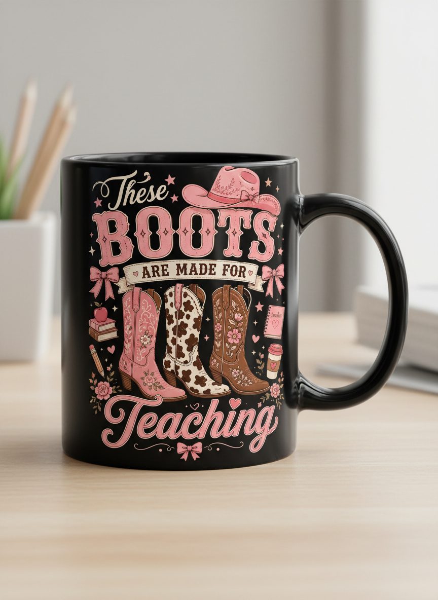 These Boots Are Made for Teaching Teacher Black Mug - product mockup - Black