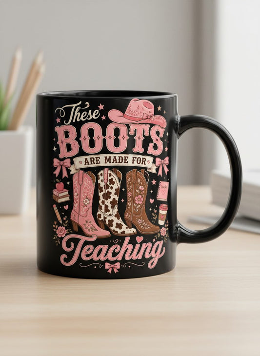 These Boots Are Made for Teaching Teacher Black Mug - product mockup - Black