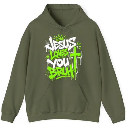 Jesus Loves You Bruh Christian Hoodie - product mockup - Military Green