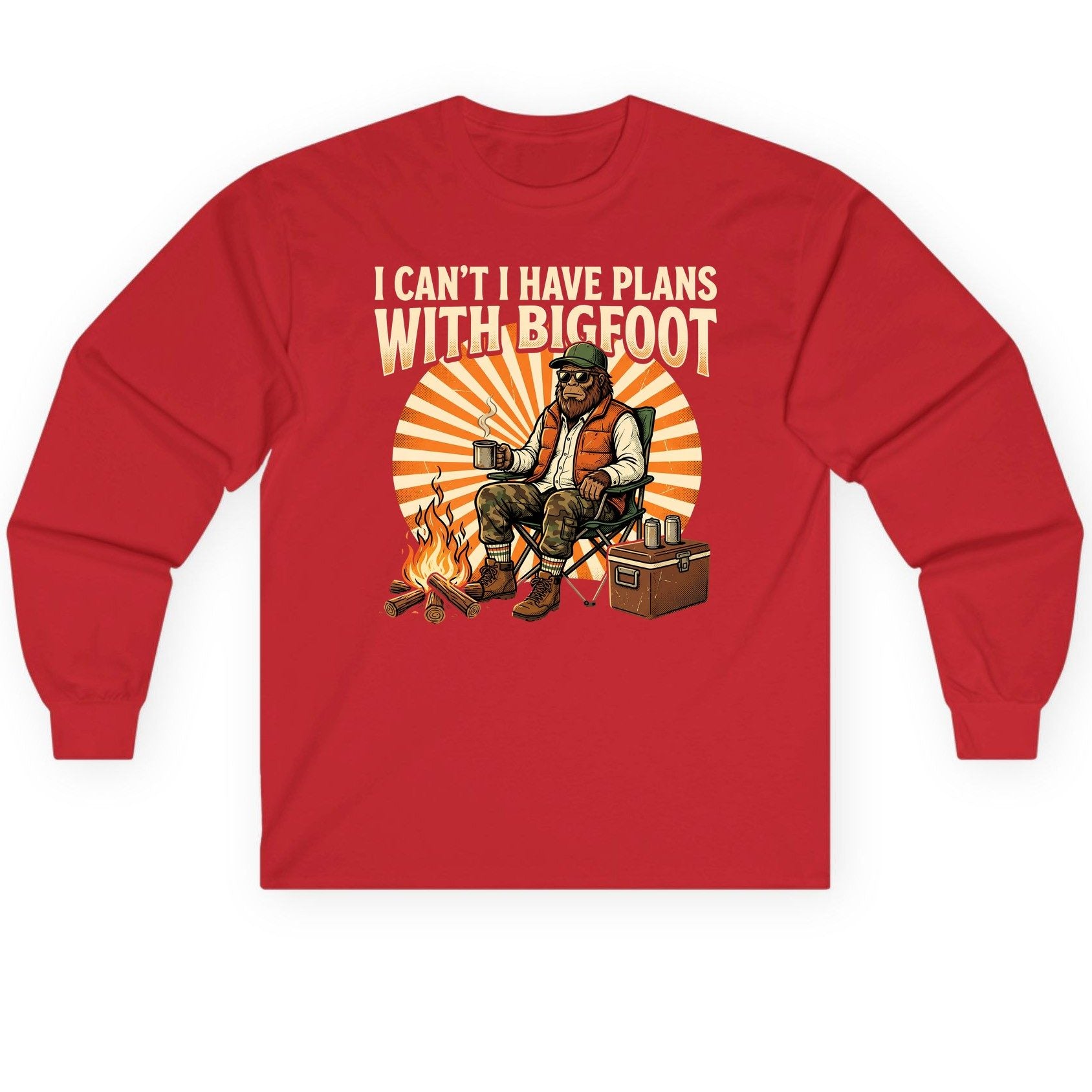 I Can't I Have Plans with Bigfoot bigfoot Long Sleeve Tee Red product mockup