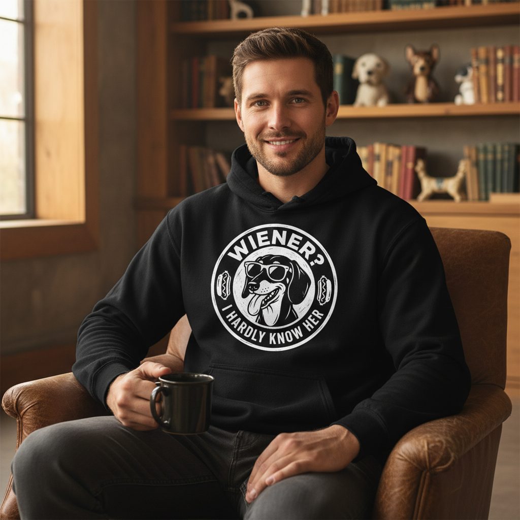 Wiener I Hardly Know Her dachshund Hoodie Black lifestyle mockup