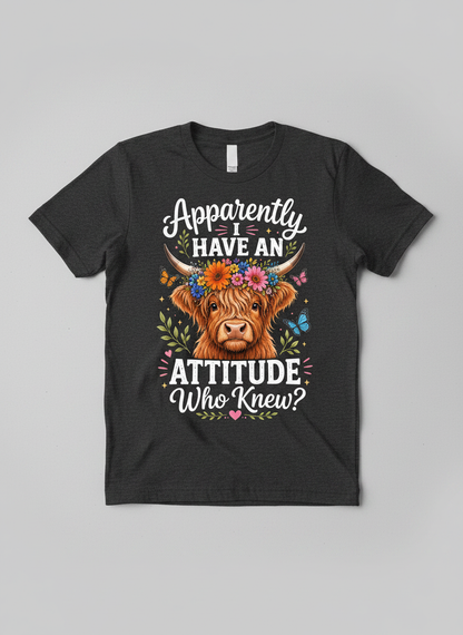 Apparently I Have An Attitude Highland Cow Floral Crown T-Shirt - Dark Heather