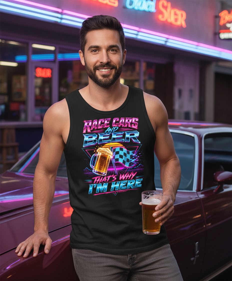 Race Cars and Beer That's Why I'm Here Retro Racing Tank Top - lifestyle model mockup - Black