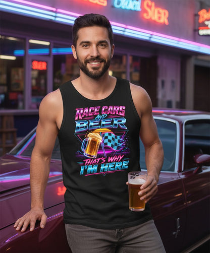 Race Cars and Beer That's Why I'm Here Retro Racing Tank Top - lifestyle model mockup - Black