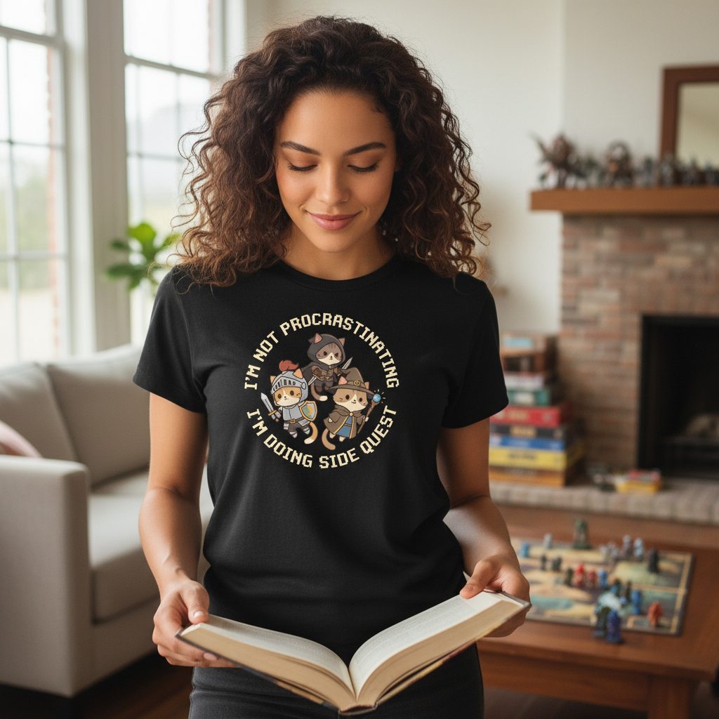 I'm Not Procrastinating I'm Doing Side Quest rpg cats T-Shirt Black lifestyle mockup