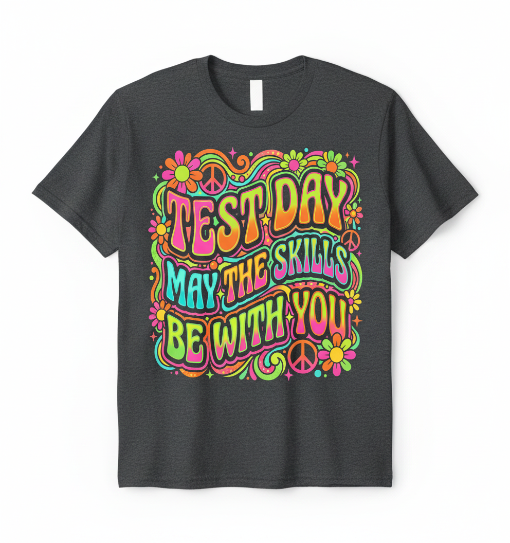Test Day May The Skills Be With You Psychedelic Retro Design T-Shirt - Dark Heather