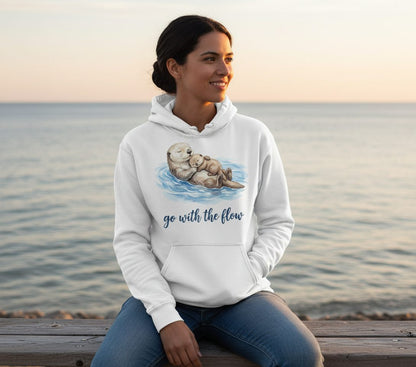 Go with the Flow Sea Otters Hoodie - lifestyle model mockup - White