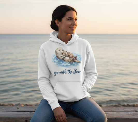 Go with the Flow Sea Otters Hoodie - lifestyle model mockup - White