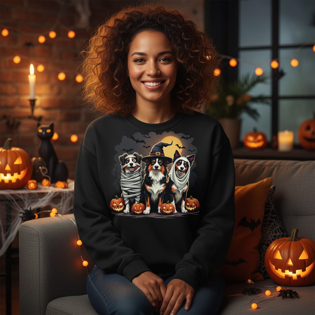 Australian Shepherd Halloween Dogs australian shepherd dogs Sweatshirt Black lifestyle mockup