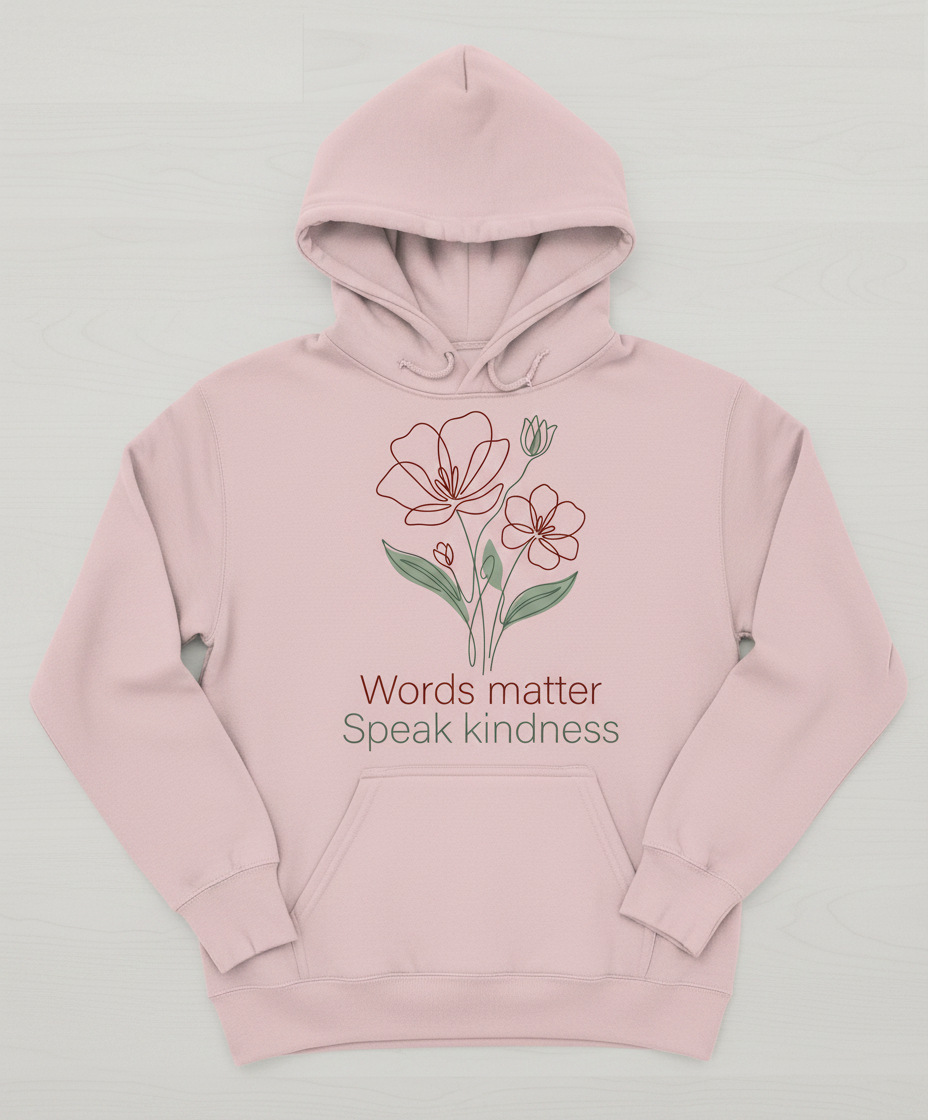 Words Matter Speak Kindness Floral Line Art Hoodie - Light Pink