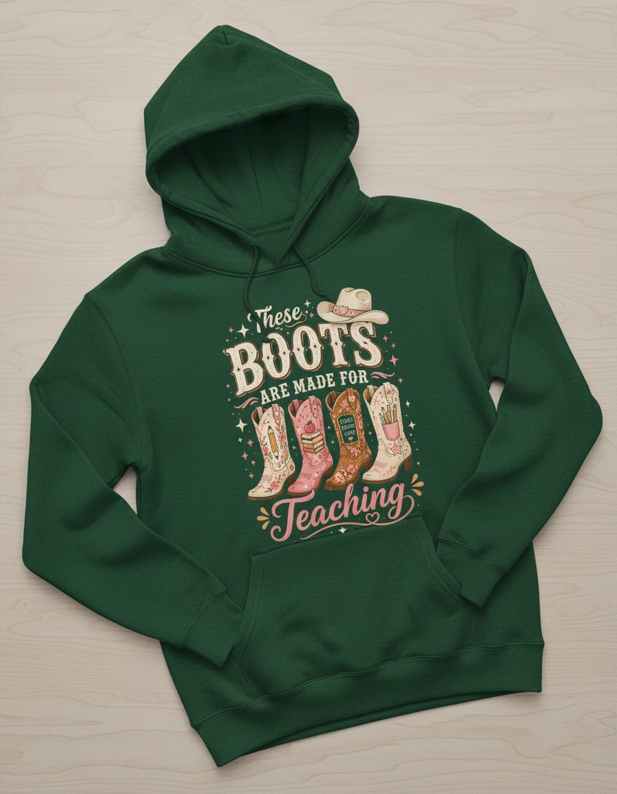 These Boots Are Made for Teaching Teacher Hoodie - product mockup - Forest Green