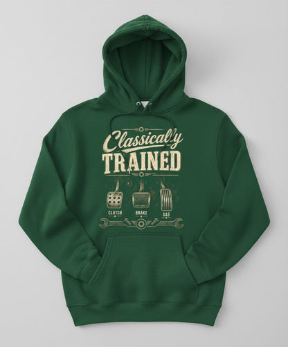 Classically Trained Retro Manual Transmission Hoodie - product mockup - Forest Green