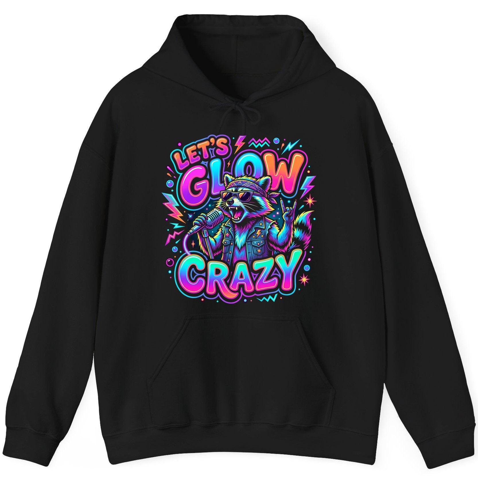 Let's Glow Crazy Funny Rockstar Raccoon Hoodie - product mockup - Black